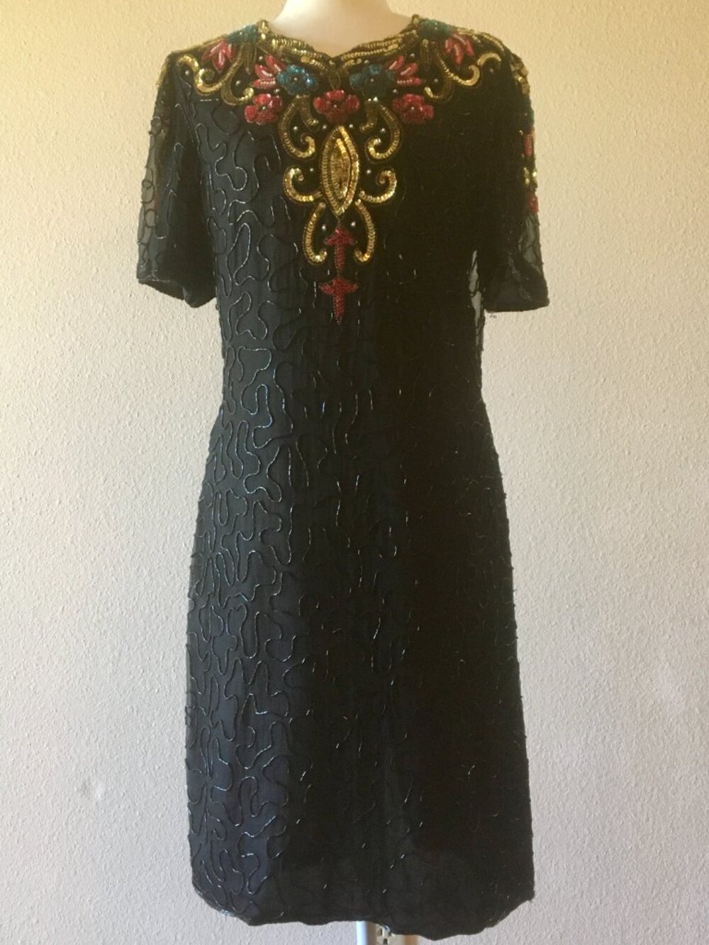 Vintage 80s Denise Elle 100% Silk Beaded Sequined Black Cocktail Dress Size 10